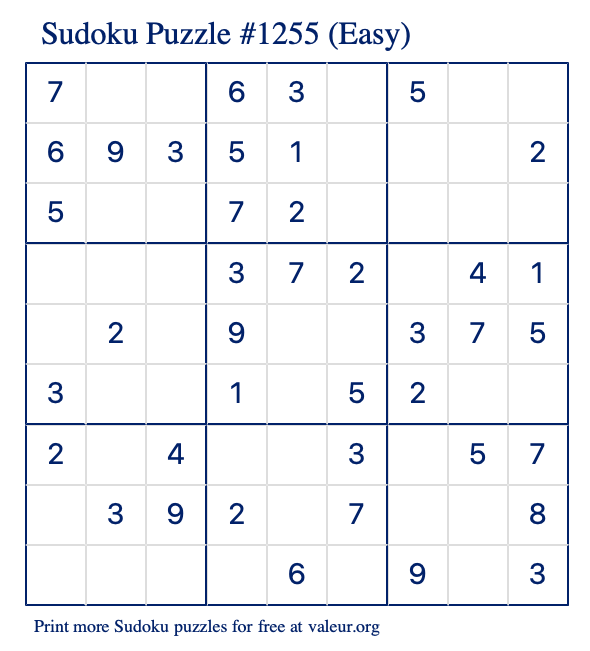 Free Printable Easy Sudoku Puzzle number 1255