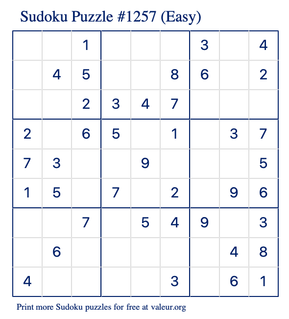 Free Printable Easy Sudoku Puzzle number 1257