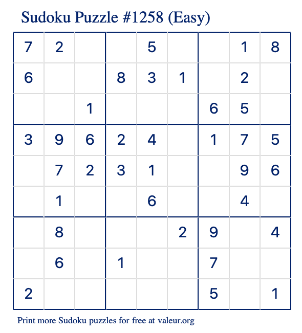 Free Printable Easy Sudoku Puzzle number 1258