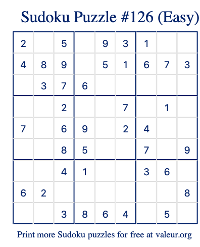 Free Printable Easy Sudoku Puzzle number 126