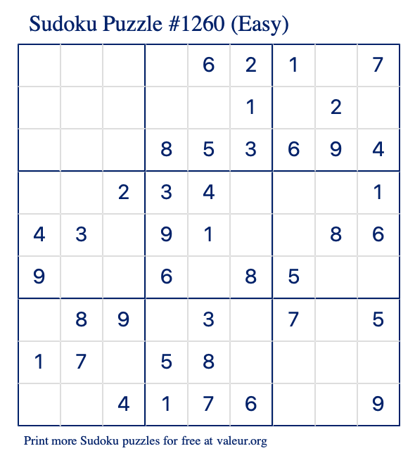 Free Printable Easy Sudoku Puzzle number 1260