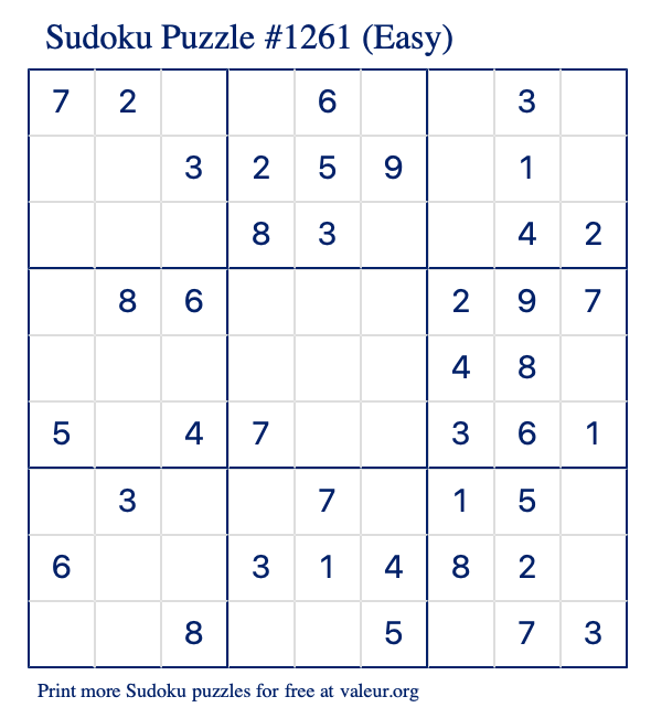Free Printable Easy Sudoku Puzzle number 1261