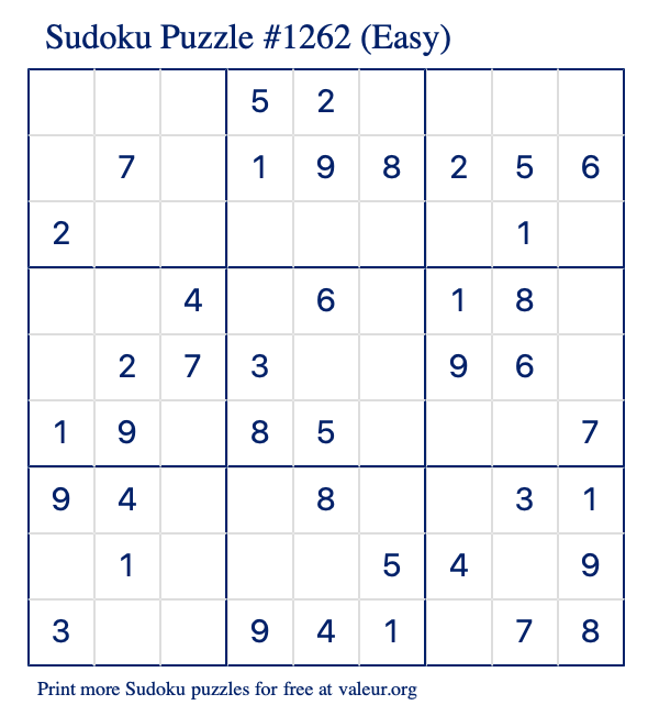 Free Printable Easy Sudoku Puzzle number 1262