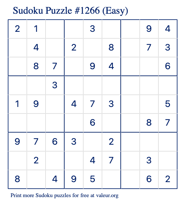 Free Printable Easy Sudoku Puzzle number 1266
