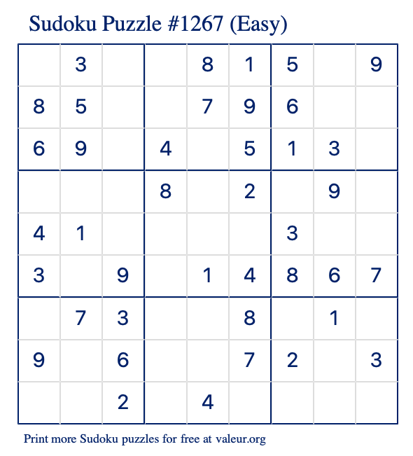 Free Printable Easy Sudoku Puzzle number 1267
