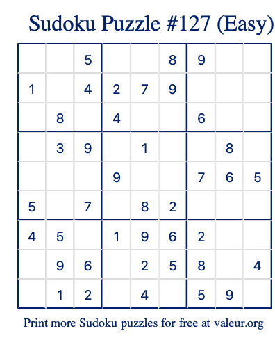 Free Printable Easy Sudoku Puzzle number 127