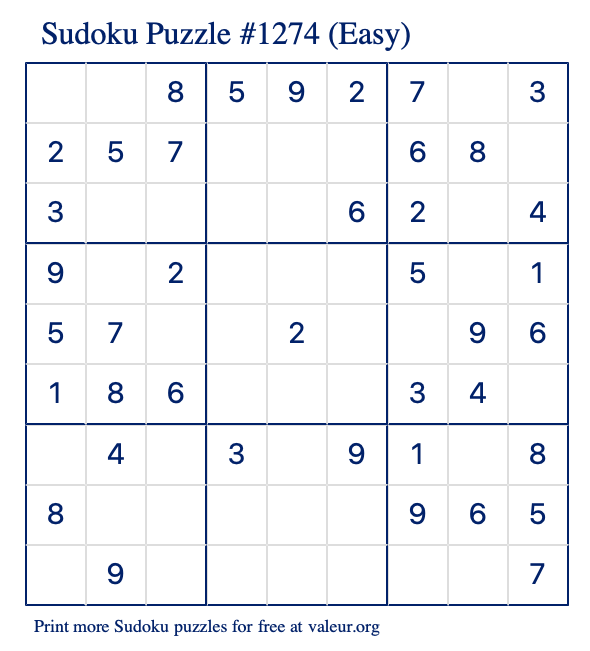 Free Printable Easy Sudoku Puzzle number 1274