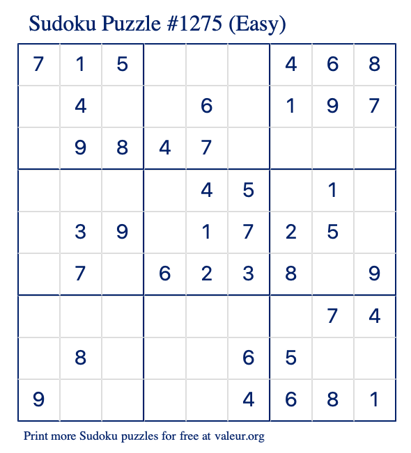 Free Printable Easy Sudoku Puzzle number 1275