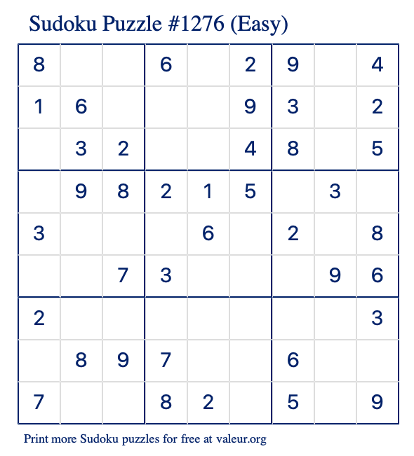 Free Printable Easy Sudoku Puzzle number 1276