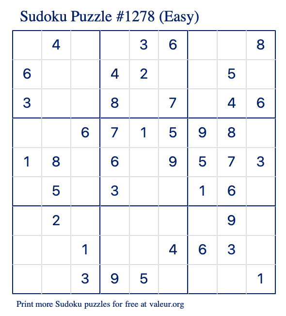Free Printable Easy Sudoku Puzzle number 1278