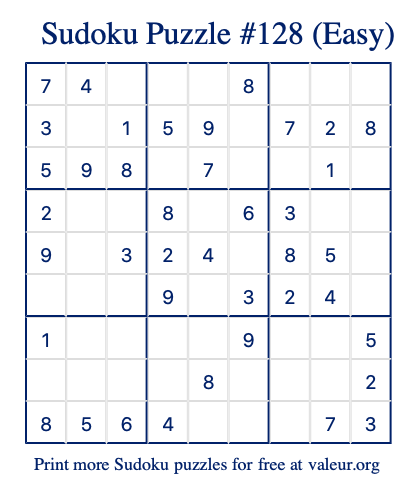 Free Printable Easy Sudoku Puzzle number 128