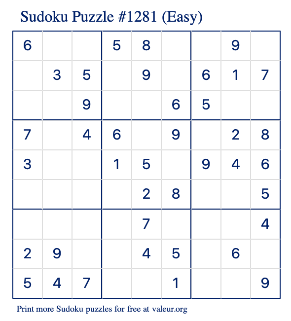 Free Printable Easy Sudoku Puzzle number 1281