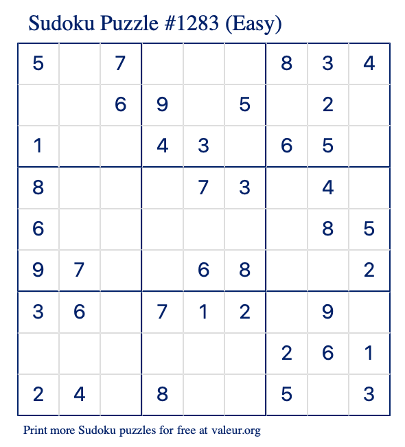 Free Printable Easy Sudoku Puzzle number 1283