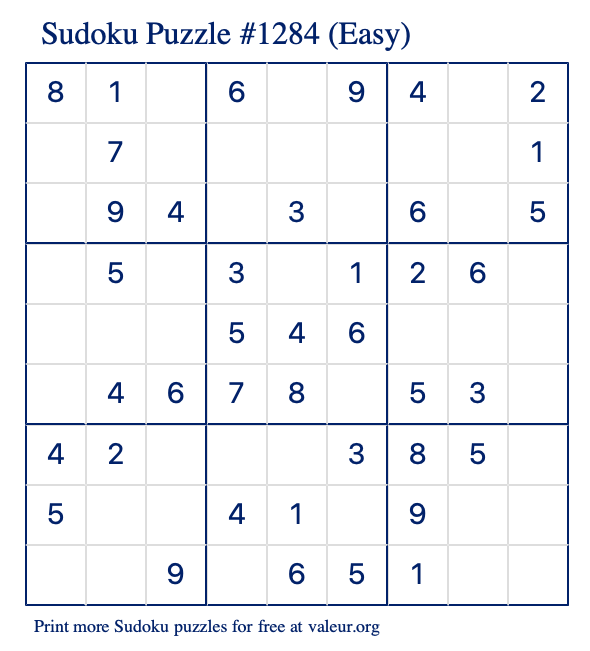 Free Printable Easy Sudoku Puzzle number 1284