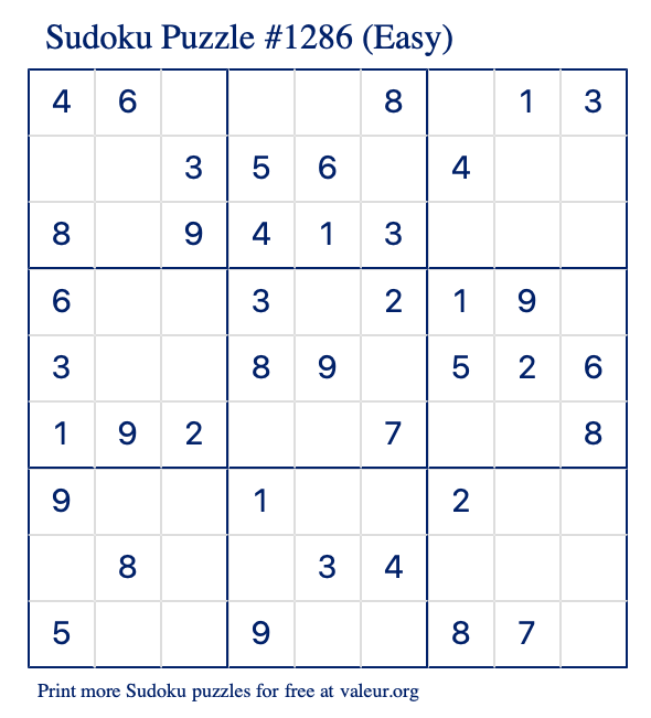 Free Printable Easy Sudoku Puzzle number 1286