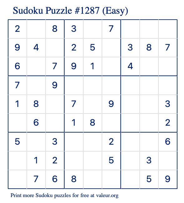 Free Printable Easy Sudoku Puzzle number 1287