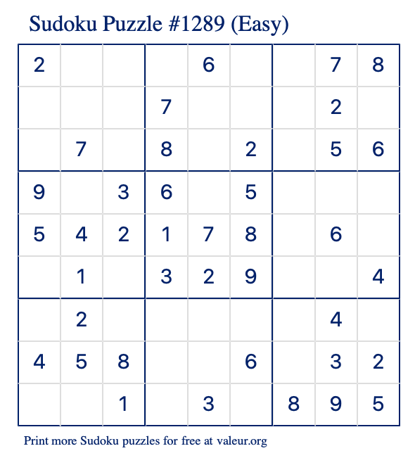 Free Printable Easy Sudoku Puzzle number 1289