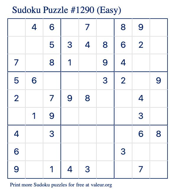 Free Printable Easy Sudoku Puzzle number 1290