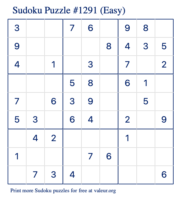 Free Printable Easy Sudoku Puzzle number 1291