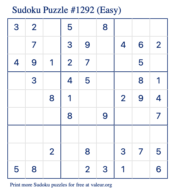 Free Printable Easy Sudoku Puzzle number 1292