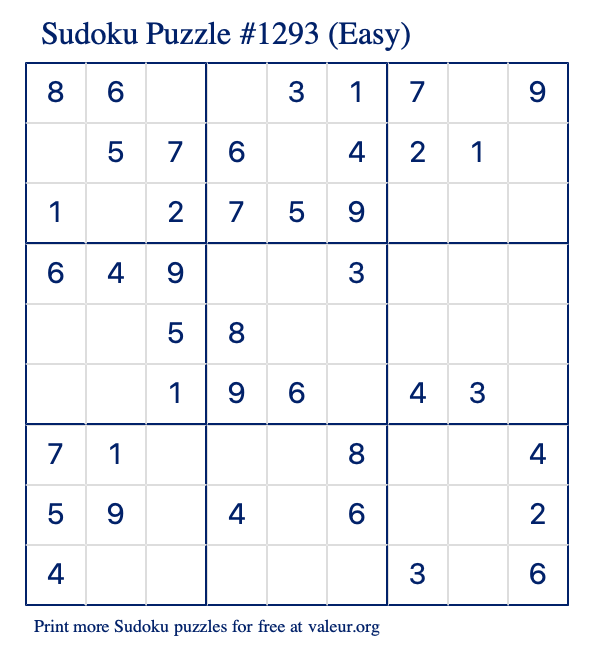 Free Printable Easy Sudoku Puzzle number 1293