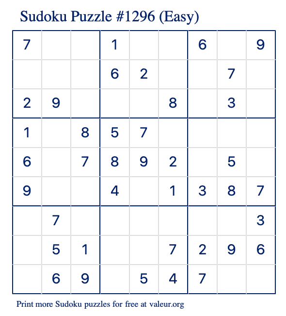 Free Printable Easy Sudoku Puzzle number 1296