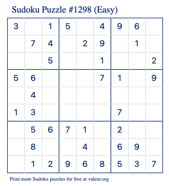 Free Printable Easy Sudoku Puzzle number 1298