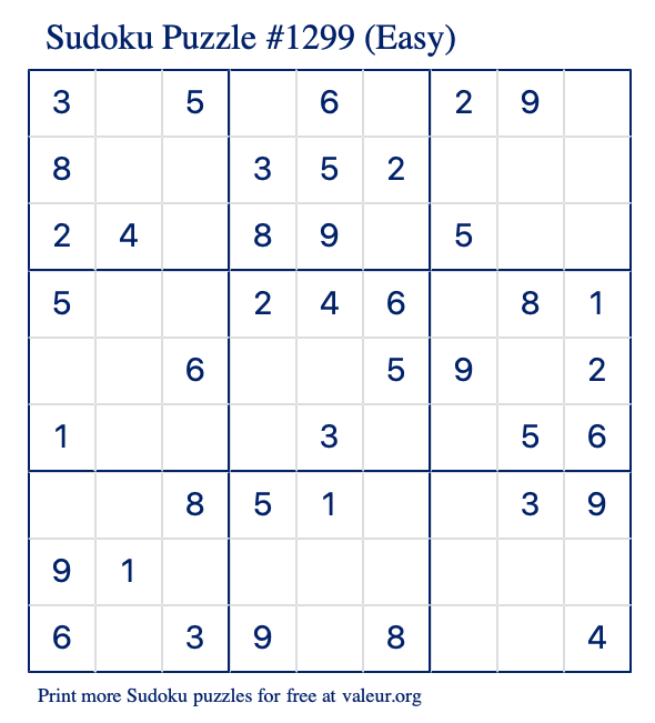 Free Printable Easy Sudoku Puzzle number 1299