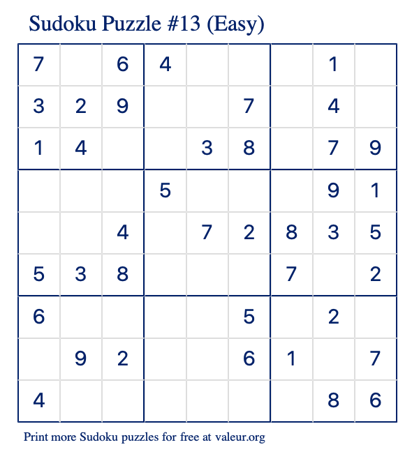 Free Printable Easy Sudoku Puzzle number 13