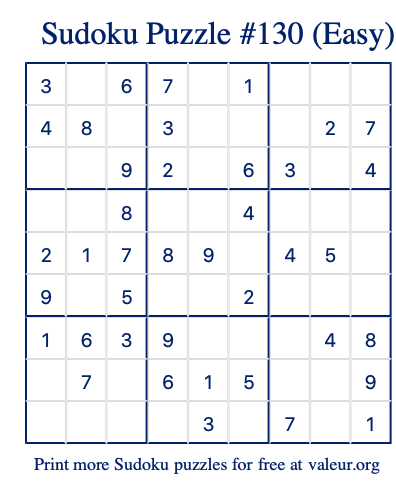 Free Printable Easy Sudoku Puzzle number 130