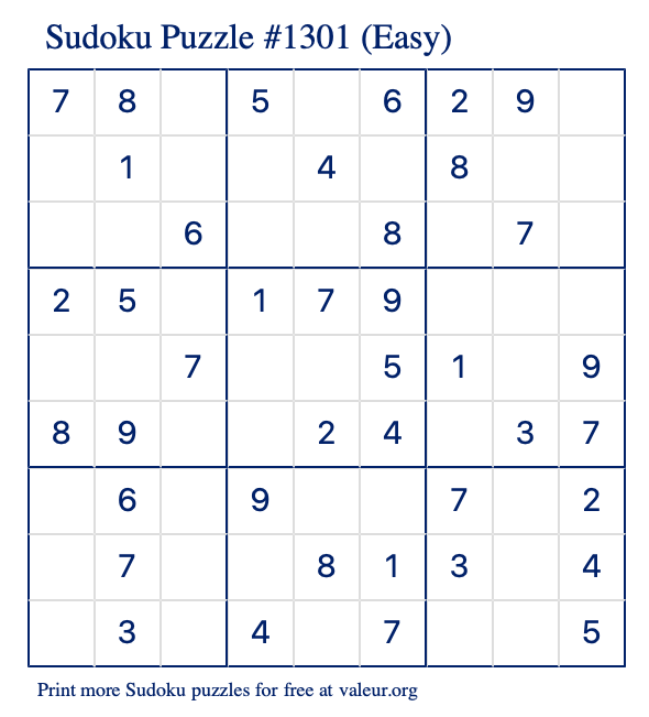 Free Printable Easy Sudoku Puzzle number 1301