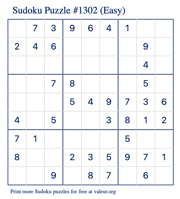 Free Printable Easy Sudoku Puzzle number 1302