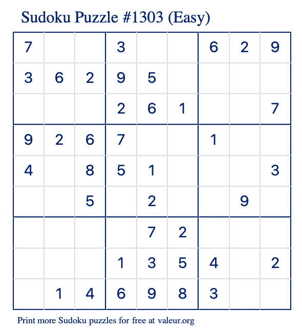 Free Printable Easy Sudoku Puzzle number 1303