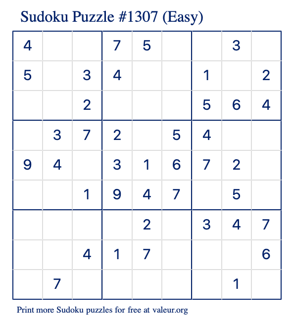 Free Printable Easy Sudoku Puzzle number 1307