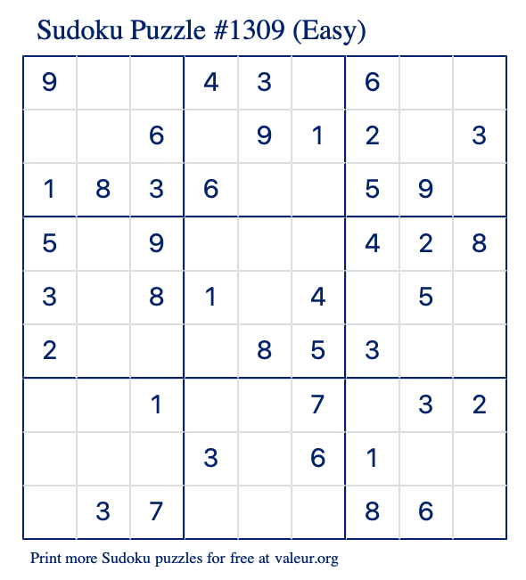 Free Printable Easy Sudoku Puzzle number 1309