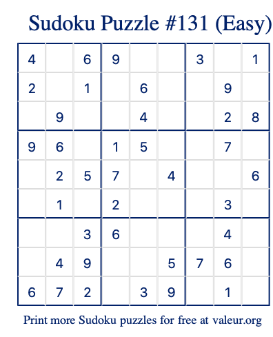 Free Printable Easy Sudoku Puzzle number 131