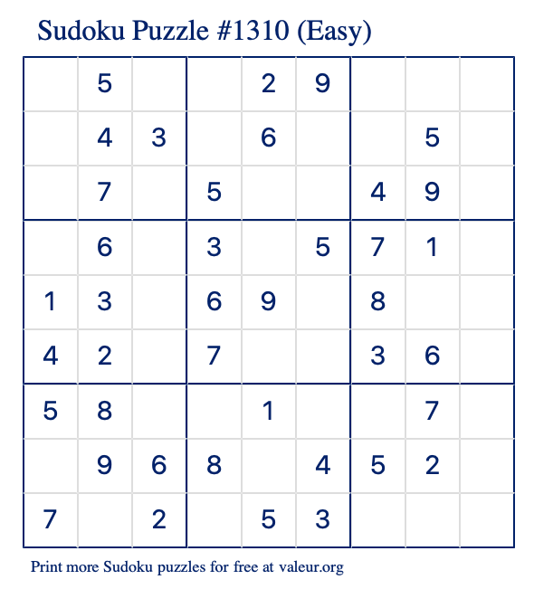 Free Printable Easy Sudoku Puzzle number 1310