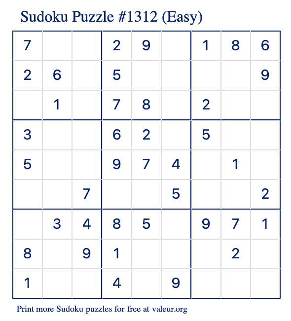 Free Printable Easy Sudoku Puzzle number 1312