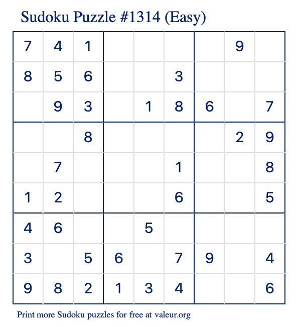 Free Printable Easy Sudoku Puzzle number 1314