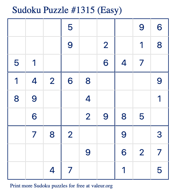 Free Printable Easy Sudoku Puzzle number 1315