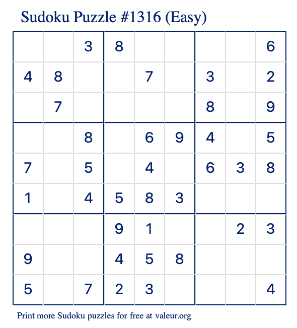 Free Printable Easy Sudoku Puzzle number 1316