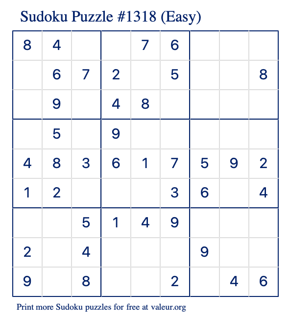 Free Printable Easy Sudoku Puzzle number 1318