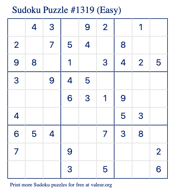 Free Printable Easy Sudoku Puzzle number 1319