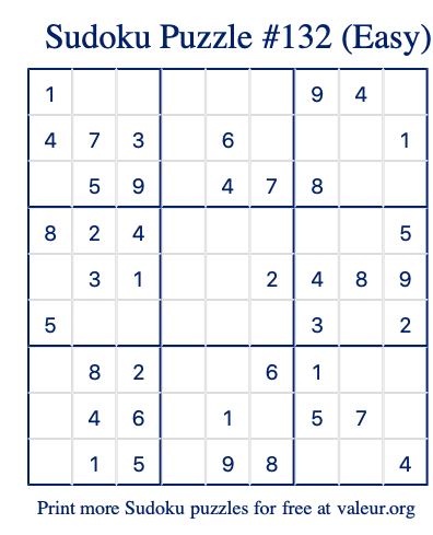 Free Printable Easy Sudoku Puzzle number 132