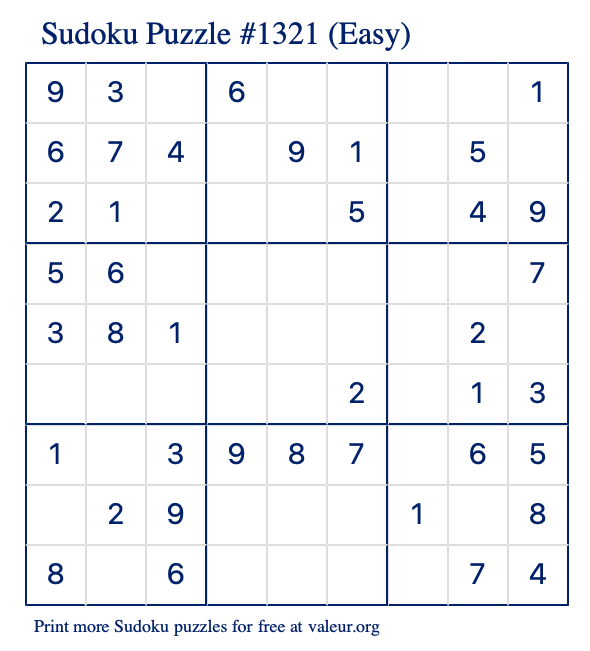 Free Printable Easy Sudoku Puzzle number 1321