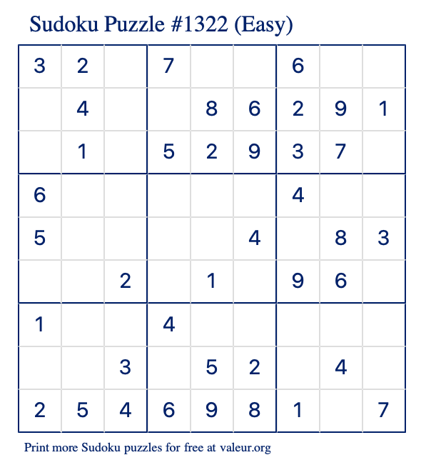 Free Printable Easy Sudoku Puzzle number 1322