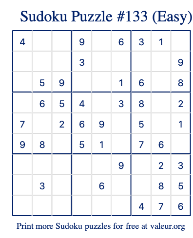 Free Printable Easy Sudoku Puzzle number 133