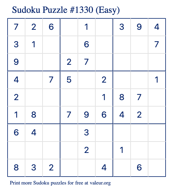 Free Printable Easy Sudoku Puzzle number 1330