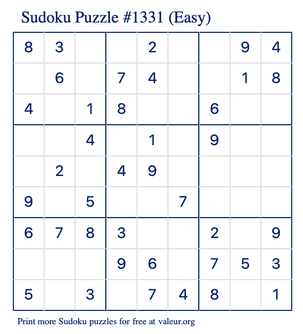 Free Printable Easy Sudoku Puzzle number 1331