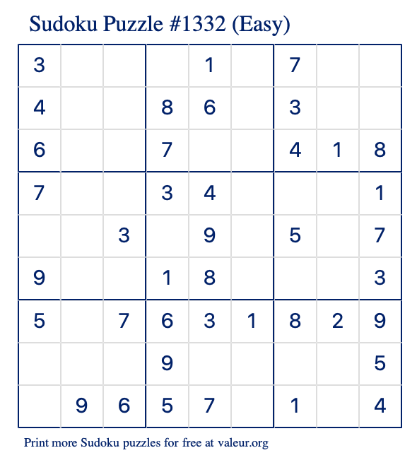 Free Printable Easy Sudoku Puzzle number 1332